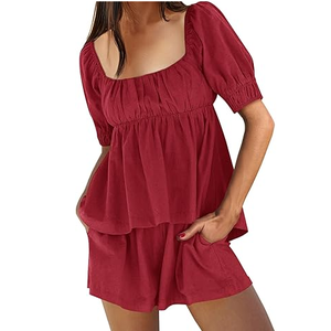 Conjunto conjunto de lino y algodón rojo a la moda para mujer, Top y pantalones cortos con cuello cuadrado y manga abullonada, traje ligero de verano de dos piezas - Product Image 1
