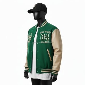 Chaqueta Universitaria para Mujer, Mezcla de Lana de 350 GSM, con Mangas de PU Beige, Cuerpo Verde, Parche de Chenilla, Logotipo Personalizado - Product Image 4