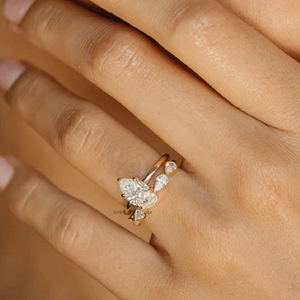 สายเพชรโมอีสตัดรูปลูกแพร์สีเหลืองทอง14K พร้อม1.50 TC จากตะวันออกไปตะวันตกชุดตัวเรือนครึ่งหนึ่งและแหวนซ้อน - Product Image 4