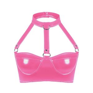 Lingerie rose femmes PU cuir PVC soutien-gorge bouton exotique licou Latex Bralette hauts nouveauté Costumes vêtements de nuit Pornos scène soutien-gorge - Product Image 1