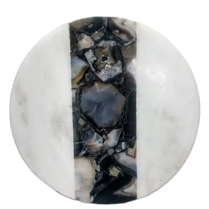 Service à thé élégant en marbre, design abstrait gravé avec incrustations de pierres concassées, style hindou, pour décoration d'intérieur moderne, pièce d'art décorative - Product Image 1