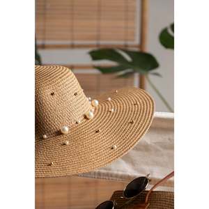Sombrero de Paja Ancho con Adornos de Perlas Color Camel Hsr2069 - Camel6 - Product Image 3