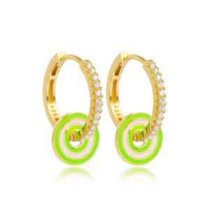Boucles d'oreilles pendantes en émail vert phosphoreux avec pierre CZ, bijoux fins faits à la main en argent sterling 925 turc, vente en gros pour femmes - Product Image 1