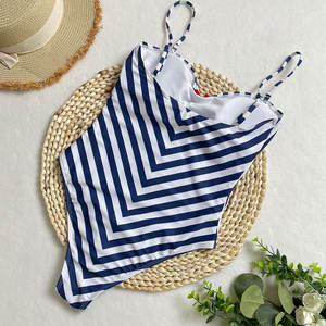 Bañador de una pieza de corte alto para mujer con logotipo frontal, cuello en V, traje de baño adelgazante a rayas para verano, ropa de playa, Control de barriga - Product Image 5