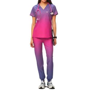 Customized Women's Hospital Uniforms Gradient Color Nursing Scrubs Suit with Sublimation Joggers & <b>Accessories</b> - Product Image 1