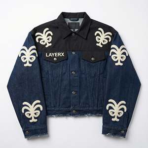 Custom Y2K Women <b>Short</b> Cropped Denim <b>Jacket</b> 3D Puff Print Nylon Panel Patchwork Raw Hem Baggy Boxy Fit Streetwear Finished - Product Image 1