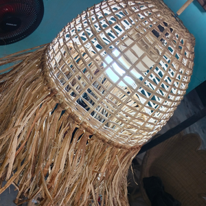 Handwoven Boho Rattan Pendant <b>Light</b> Shade with Water Hyacinth Fringe & Straw Tassel - Product Image 3