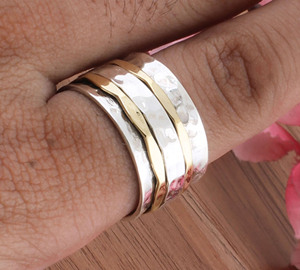 Solid Silver Sterling <b>Spinner</b> Ring Hammered Pattern Main Band with Brass Twisted Silver <b>Fidget</b> Rings Woman Gift Idea - Product Image 3