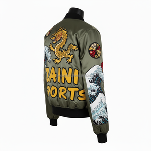 แจ็คเก็ตบอมเบอร์ผ้าซาตินสำหรับผู้หญิงแจ็คเก็ตบอมเบอร์ผ้ามันเงาปักลายมังกรเสือเขียวมะกอก220GSM ออกแบบโลโก้ได้ตามต้องการ - Product Image 5