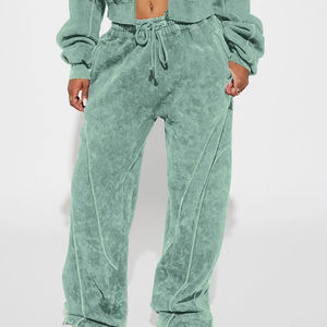 Ensemble de survêtement personnalisé avec logo, jogging épais, sweat à capuche splicé et délavé, sweat à capuche orné de strass, sweat à capuche court, ensemble de pantalons de survêtement amples - Product Image 3