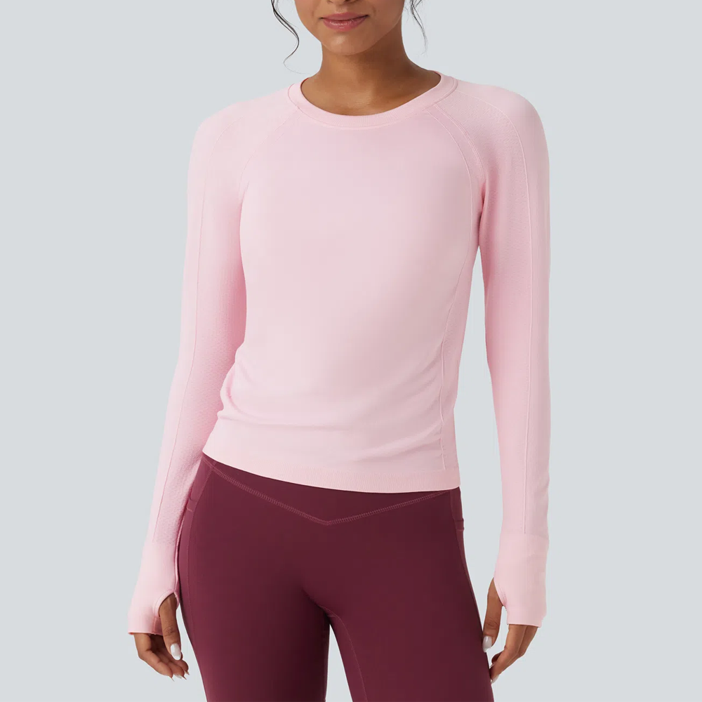 Custom Logo Women Crew Neck Stretch Breathable Eco-Friendly Gym Fitness Top Long Sleeves Lightweight Yoga T-shirt 100% Polyester