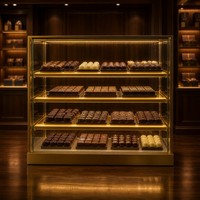 Luxuriöse Glas-Schokoladen-Vitrine mit LED-Beleuchtung und Goldverzierung, Bäckerei-Showcase für Einzelhandel und Süßwarengeschäfte