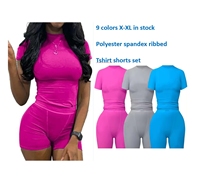 T-shirt et short côtelés Poly rose vif 2 deux pièces vêtements de salon Dupe vêtements de détente été ensemble pour femmes vêtements tenue 2024