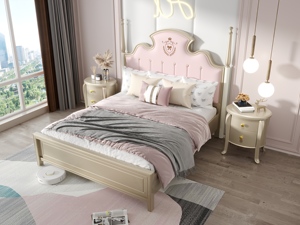 French Style <b>Poster</b> Bed Queen Size Soft Upholstered Headboard Solid Wood <b>Frame</b> Pink and Beige Design - Product Image 2