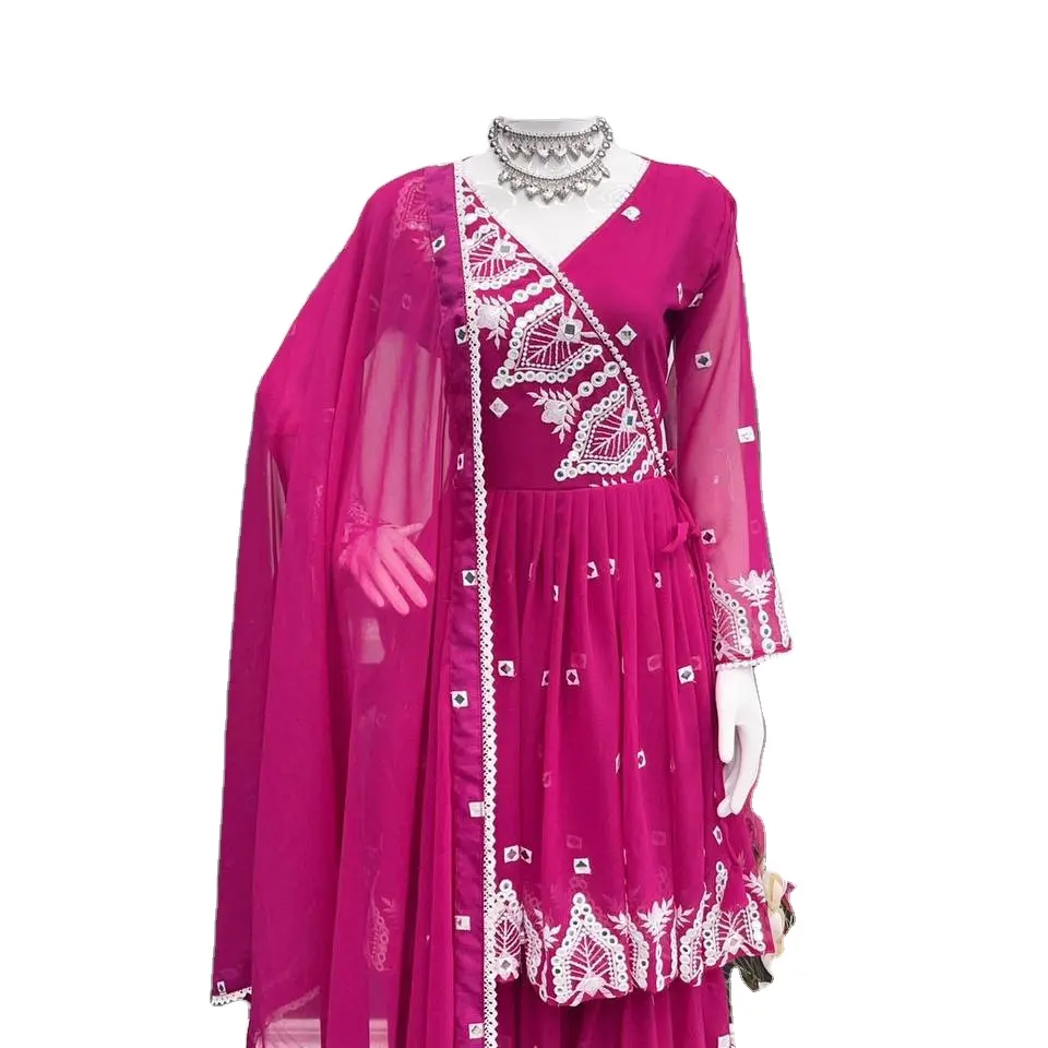 Roze Zwaar Spiegelwerk Met Lange Mouwen Fancy Pakistani Sharara Jurk Op Verkoopprijs Voor Bruiloft Special