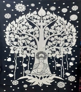 Tapices colgantes de pared con estampado de Buda de árbol blanco y negro, Sábana de tela de algodón de un solo tamaño, decoración del hogar para camas, - Product Image 1