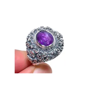 天然紫水晶宝石纯银戒指女士仿古纯银紫水晶宝石戒指精品珠宝925银戒指