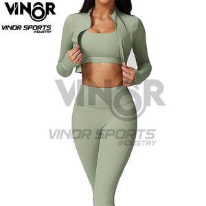 Conjuntos de entrenamiento para mujer, conjunto de 3 piezas, chaqueta recortada de manga larga con cremallera, Sujetador deportivo, mallas con Control de barriga, ropa deportiva para gimnasio - Product Image 3