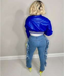 Chaquetas cortas con letras de alta calidad para mujer, abrigos de manga larga, chaqueta de béisbol Bomber de retazos para mujer, tarifa al por mayor OEM - Product Image 5