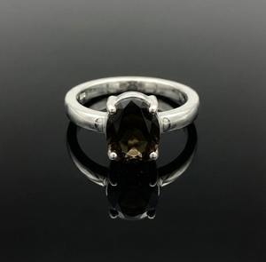 Anillo Minimalista de Plata 925 con Cuarzo Ahumado y Baño de Rodio, Engaste de Puntas, Certificado Cristiano, para Aniversario de Bodas, con Piedra Preciosa - Product Image 1
