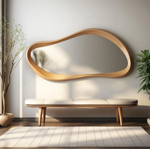 Marco de diseño ondulado Irregular asimétrico de madera de nogal, espejo hecho a mano, estilo Art Deco ligero ecológico para tocador de baño - Product Image 1