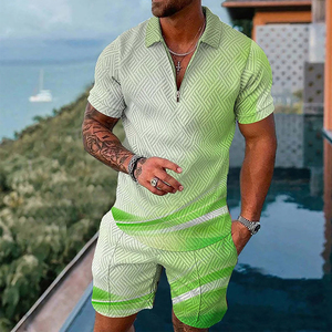 Conjunto de polo con cremallera para hombre al por mayor, camisa informal de manga corta, pantalones cortos, trajes de verano, chándal de dos piezas con cremallera, método de tejido - Product Image 2