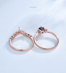 ชุดแหวนเพชร2ชิ้น-14K แข็งโรสโกลด์สีฟ้าแหวนหมั้นแซฟไฟร์ตัดกับโอปอลซ้อนวงแหวนทำด้วยมือ - Product Image 3