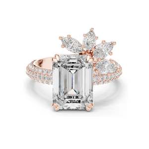Bague en diamant de laboratoire taille émeraude 5,09 carats avec pierres latérales marquise, clarté VVS-VS EF, or 18 carats, 14 carats, 10 carats et argent 925, rose - Product Image 1