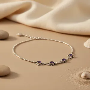 Élégante Chaîne de Cheville en Améthyste pour Femme, Bijou en Pierre Précieuse Argentée, Bracelet de Pied Style Bohème - Product Image 1