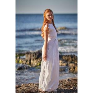 Robe longue en lin blanc pour femme Robe d'été Boho Beach avec nœud sur le devant - Product Image 3