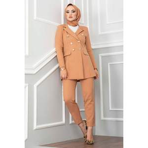 Conjunto de traje de pelo de camello de 2 piezas para mujer con elegante detalle de cuello de pañuelo - Product Image 4