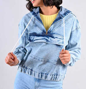 Veste en jean à capuche pour femme Gothique Diamants délavés Ceinture boutonnée Coupe régulière Manches longues Produit OEM - Product Image 4