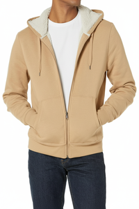 Sweat-shirt à capuche doublé en polaire sherpa avec logo RN de haute qualité pour hommes, style streetwear, fermeture éclair quart de tour, couleur kaki, uni, teinture unie, vente en gros - Product Image 4