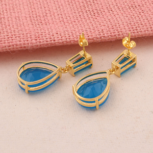Bijoux de luxe bleu ciel calcédoine goutte boucles d'oreilles à la main en laiton bijoux de mode 18k plaqué or double pierre femmes boucle d'oreille - Product Image 6