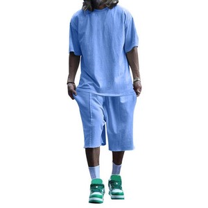 Costume 2 pièces T-shirts coton t-shirt et short ensembles été tenue décontracté haute rue Style respirant 100% coton hommes ensembles - Product Image 2