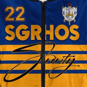 Chaqueta Universitaria de Satén Sigma Gamma Rho SGRho, Azul Real y Dorado, Estilo Bomber, Prenda Exterior para Mujeres - Product Image 3