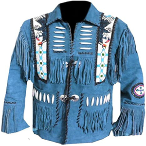 Chaqueta de cuero de vaca con flecos y cuentas para hombre, alta calidad, Original, estilo occidental, color azul, vaquero - Product Image 3
