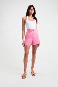 Pink Mid Waist Linen <b>Shorts</b> Pockets Casual Women's <b>Shorts</b> Regular Fit Breathable Woven Fabric Eco-Friendly Quick Dry Solid Color - Product Image 2
