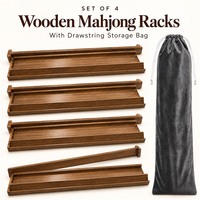 Support de rangement pour tuiles de mahjong en bois massif avec sac de rangement en velours, lot de 4 supports à grain de bois clair pour soirées jeux