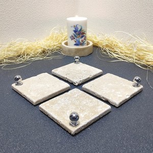 Travertine Coaster giảm Bộ 4 Đá Vuông Đế Lót Ly với bạc bóng Phụ kiện Đá Cẩm Thạch Trà đế lót ly trang trí nhà hiện đại - Product Image 4
