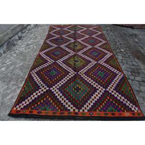 Alfombra turca Vintage étnica roja verde 5,7X11 pies área grande respaldo de látex de lana patrón abstracto 10mm de espesor para habitación de pasillo - Product Image 1