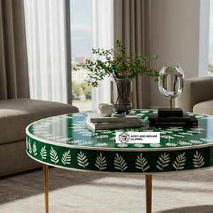 ผู้ผลิตชาวอินเดียที่เป็นมิตรกับสิ่งแวดล้อมยุคใหม่ นำเสนอโต๊ะกาแฟทรงกลมลายดอกไม้ฝังกระดูกสีเขียว พร้อมฐานโลหะสีทอง - Product Image 3