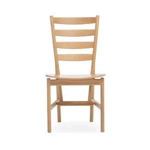 Roody high back solid wood dining chair with synthetic leather fabric seat and natural finish.