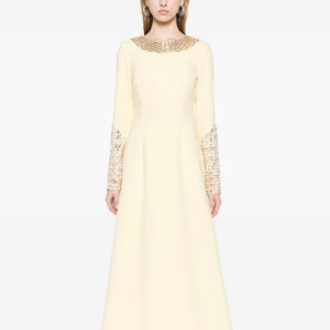 Elegante vestido de noche de satén con cuentas de malla de una línea para mujer cuello alto manga larga para fiesta de Damas - Product Image 1