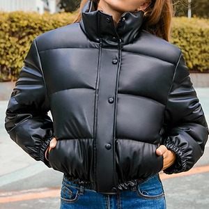Women's Elegant Cropped Puffer Jacket Winter Black PU Leather Zipper Coat <b>Cotton</b> <b>Padding</b> Punk Outwear Plus Size Thick Fleece - Product Image 5