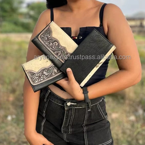 Western Hair On Hide & Hand Tooled Cartera de cuero para mujer Carteras de cuero de vaca genuino Venta caliente Tallado Embrague de cuero - Product Image 5