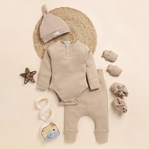 Premium Quality Organic Bamboo Elastane <b>Cot</b> and Candy Baby Clothing <b>Sets</b> Pack of 5 Including Beanie Latte - Product Image 1