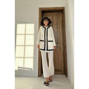 <b>Women's</b> Off-White and <b>Black</b> Striped Collarless <b>Jacket</b> and Trousers Set Wholesale <b>Suit</b> Sets - Product Image 5