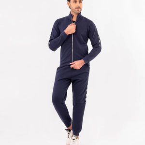 Nouveau survêtement bleu marine à fermeture éclair complète avec logo personnalisé et pantalon à revers et veste à col haut, tenue confortable pour l'hiver - Product Image 1