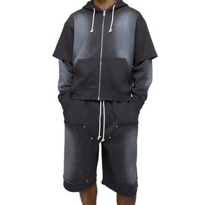 ชุดฮู้ดดี้ซิปและกางเกงขาสั้นคุณภาพสูง น้ำหนักมาก สไตล์ซันเฟด สำหรับผู้ชาย พร้อมบริการปักโลโก้ตามแบบที่ต้องการ สำหรับอุตสาหกรรมการคลังภาษี - Product Image 3